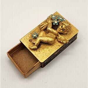 1930s Cherub Matchbox Holder Gold Gilt Blue Enamel Flowers Rhinestone Eyes